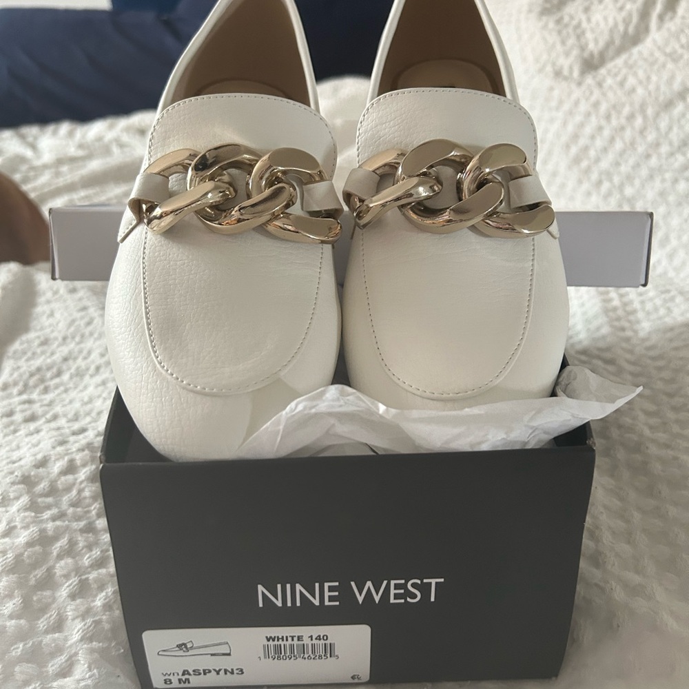 Nine West White and Gold Loafers with Chain Detail - Picture 3 of 5